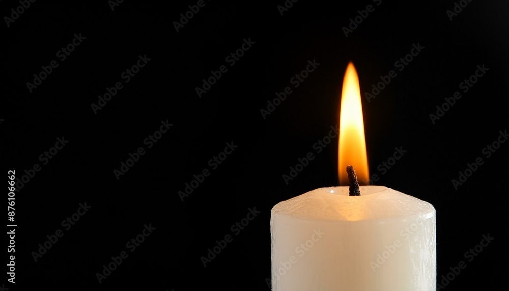 One burning church candle on black background, space for text One burning church candle on black background, space for text