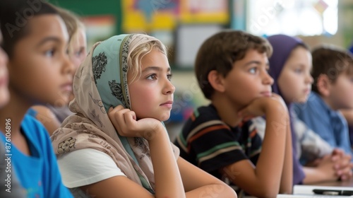 Group of children learns about Islamic history in a classroom, listening attentively to the teacher Room is decorated with educational posters and cultural artifacts