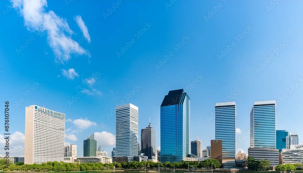 Panoramic view of a modern city skyline with skyscrapers and blue sky. Panoramic view of a modern city skyline with skyscrapers and blue sky.