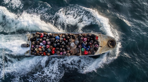 Group of migrants being transported on a crowded boat, highlighting the perilous journeys undertaken to escape danger