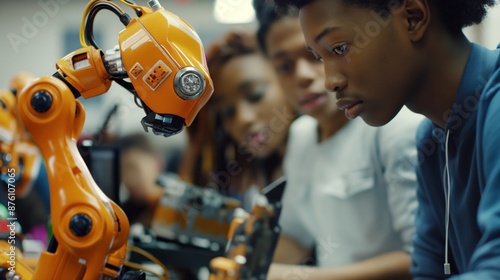 group of students in a technical classroom, learning about robotics, showcasing the future of technical education photo