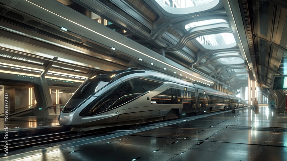 Fototapeta premium High-speed train in a futuristic station The advancements in transportation technology are revolutionizing travel, making it faster