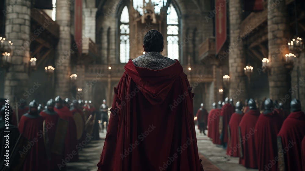 medieval king addressing his knights in a grand hall, illustrating the power dynamics and loyalty in the feudal system medieval king addressing his knights in a grand hall, illustrating the power dynamics and loyalty in the feudal system