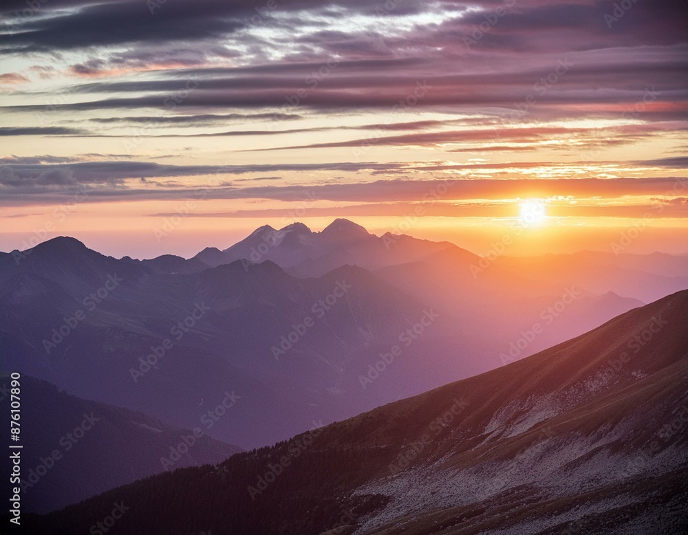 Stunning landscape of a vibrant sunset over majestic mountains, with captivating hues of orange and purple, creating a surreal and magical atmosphere. Stunning landscape of a vibrant sunset over majestic mountains, with captivating hues of orange and purple, creating a surreal and magical atmosphere.