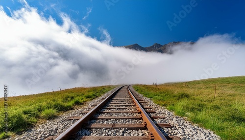 Surreal railway track vanishing into fluffy clouds beneath a blue sky, creating a dreamlike and ethereal atmosphere of endless journey. 