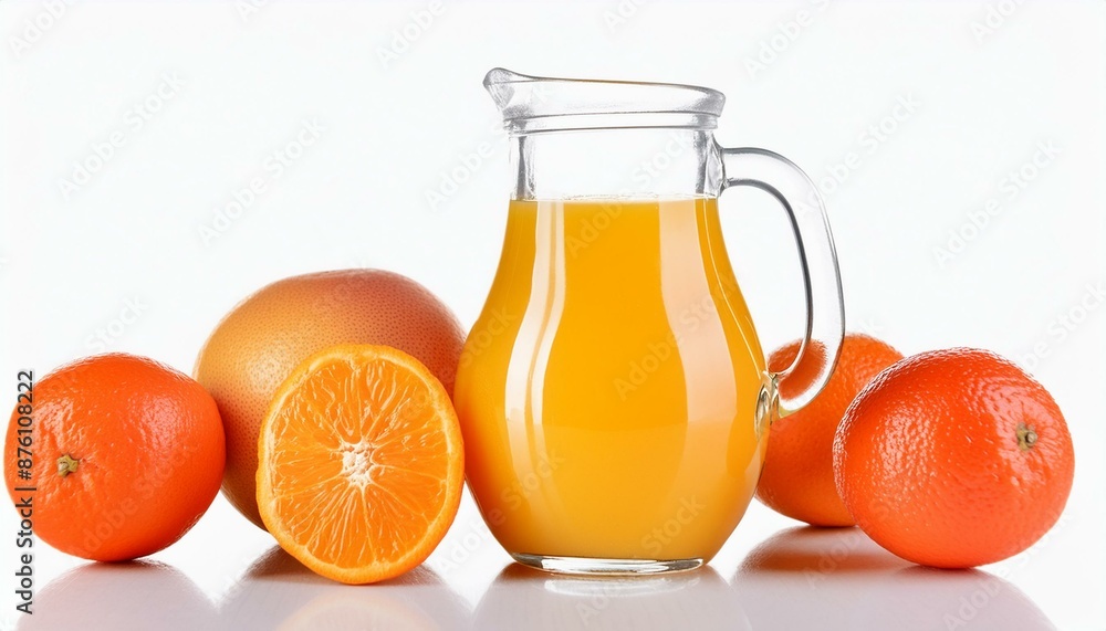 Tasty orange juice in glass jug and fresh fruits isolated on white Tasty orange juice in glass jug and fresh fruits isolated on white