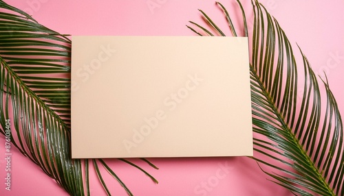 Tropical Leaf Frame With Blank Beige Square on Pink Wall 