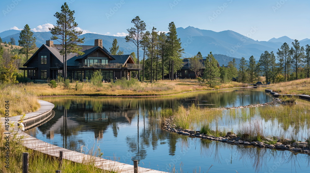 Mountain retreat where guests practice mindfulness while hiking along tranquil trails, surrounded by the beauty of nature Mountain retreat where guests practice mindfulness while hiking along tranquil trails, surrounded by the beauty of nature