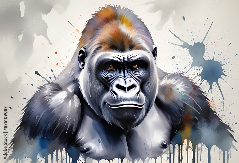 Capture the essence of strength and grace with a detailed watercolor portrayal of a gorilla, illuminated by studio lighting against a clean, professional background. Capture the essence of strength and grace with a detailed watercolor portrayal of a gorilla, illuminated by studio lighting against a clean, professional background.