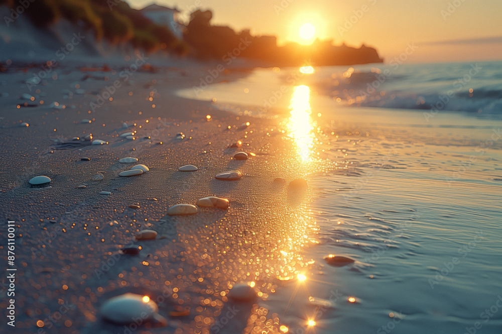 Sunset Reflections on a Tranquil Beach. Sunset over a tranquil beach with reflective pebbles and soft waves, creating a serene and warm atmosphere. Sunset Reflections on a Tranquil Beach. Sunset over a tranquil beach with reflective pebbles and soft waves, creating a serene and warm atmosphere.