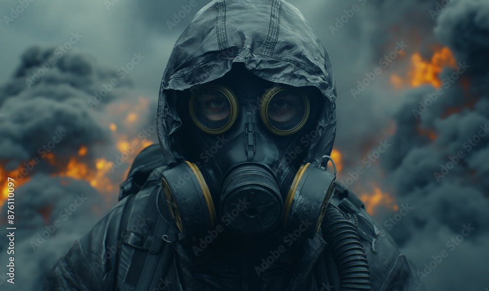 A man in a gas mask against a background of black smoke. A man in a gas mask against a background of black smoke.