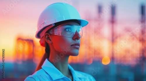 Electricians silhouette and double exposure juxtaposed with an industrial facility, showcasing competence in electrical systems and modern manufacturing. Clean and Clear Color, Realistic Photo, ,