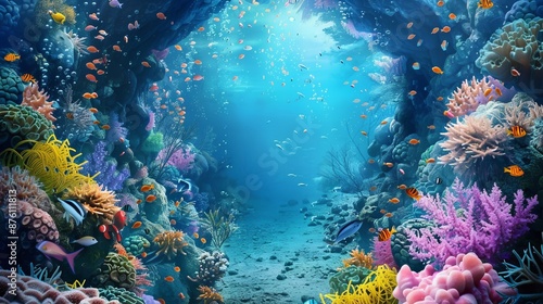 Underwater scene with vibrant coral reefs and ancient ruins