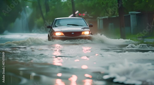 Car driving on a flooded road covered with pouring rain water