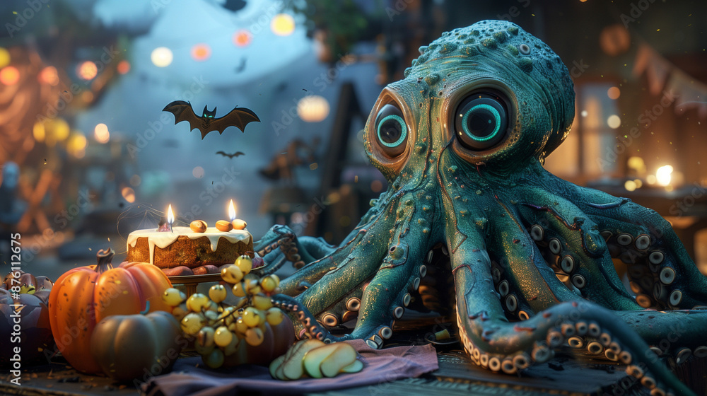 Obraz premium Animated octopus at a festive Halloween table with cake, pumpkins, and bats in a whimsical setting