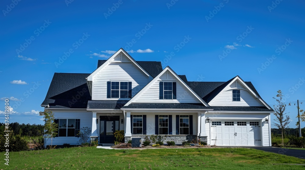 House with white siding and black roof beneath a clear blue sky House with white siding and black roof beneath a clear blue sky