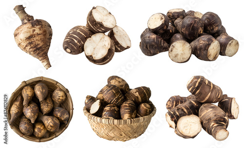Taro eddo dasheen root vegetable, many angles and view side top front basket pile slice isolated on transparent background cutout, PNG file. Mockup template for artwork graphic design
