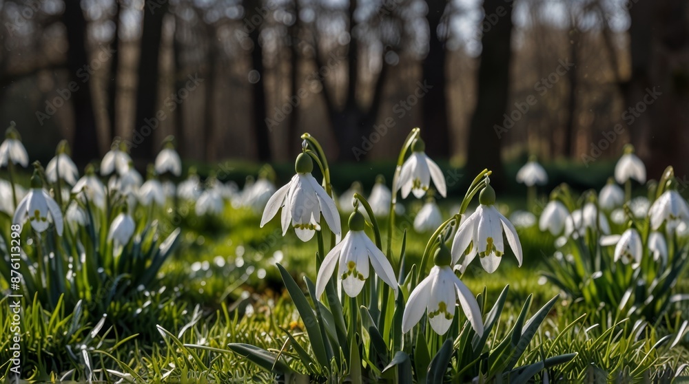 Obraz premium Blooming Snowdrops in Spring Forest
