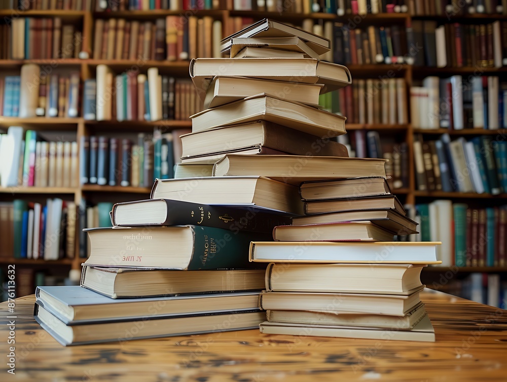 Pile of books on a wooden table, blurred bookshelf background, ideal for educational visuals. Pile of books on a wooden table, blurred bookshelf background, ideal for educational visuals.