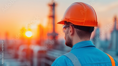 Engineers silhouette and double exposure combined with an oil refinery backdrop, emphasizing proficiency in industrial technology and energy sector. Clean and Clear Color, Realistic Photo, ,