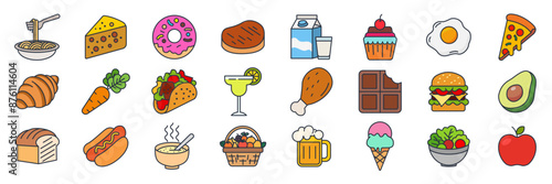 food and drink icons set, Included icons as Apple, croissant, hamburger, avocado and more symbols collection, logo isolated vector illustration