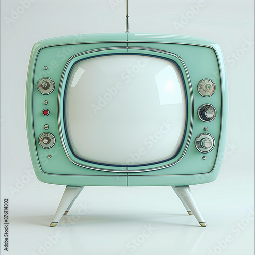 Old aqua white television mockup blank empty screen midcentury modern tube tv standing legs template cute kitsch design aesthetic display old vintage 50s 60s isolated white plain background template photo