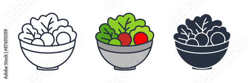bowl of salad with lettuce, tomatoes, and cucumbers Icon symbol vector illustration isolated on white background