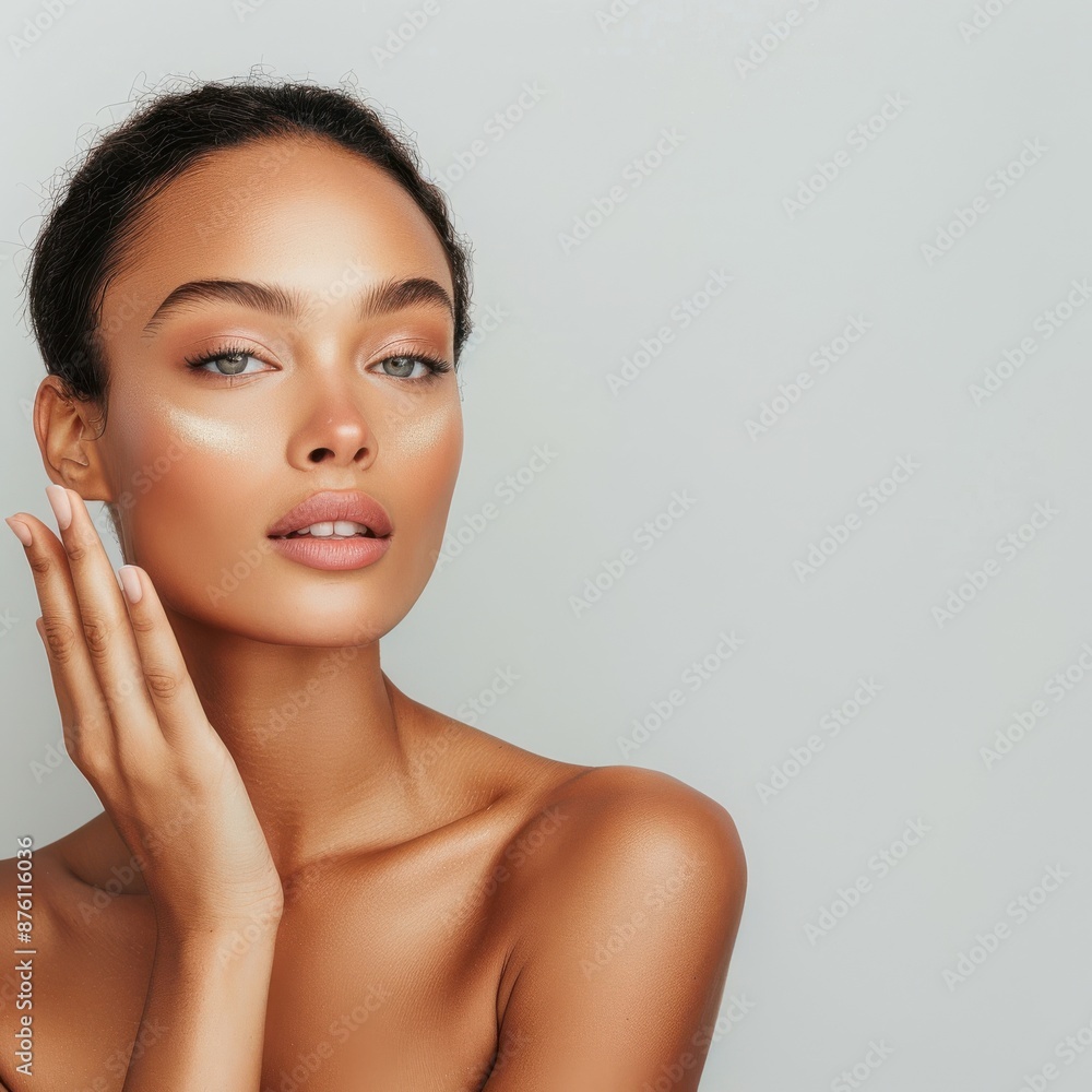 A Black woman in a half-body view, with visible arms, applying a highlighter to her cheeks for a luminous finish A Black woman in a half-body view, with visible arms, applying a highlighter to her cheeks for a luminous finish