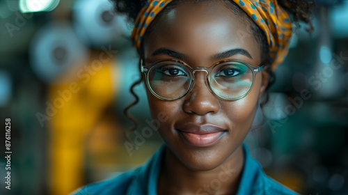 Young African woman with glasses and headwrap smiling confidently in urban setting. Concept of diversity, empowerment and modern femininity.