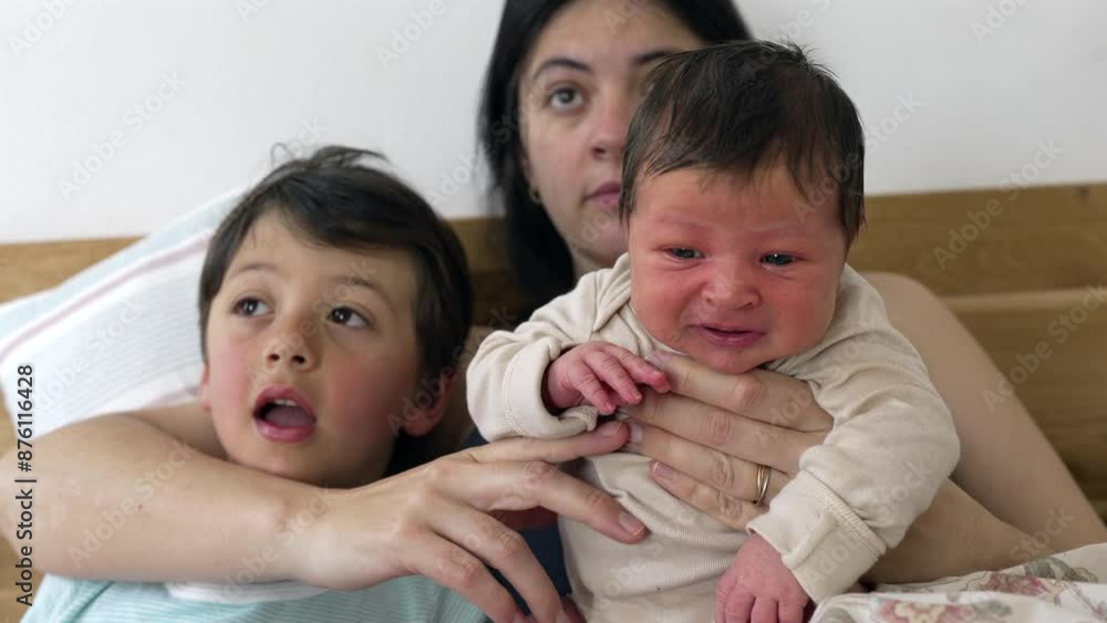 Older sibling and mother hold baby together, with sibling looking at the baby curiously. The moment captures the bond and affection shared within the family, highlighting love and connection Older sibling and mother hold baby together, with sibling looking at the baby curiously. The moment captures the bond and affection shared within the family, highlighting love and connection
