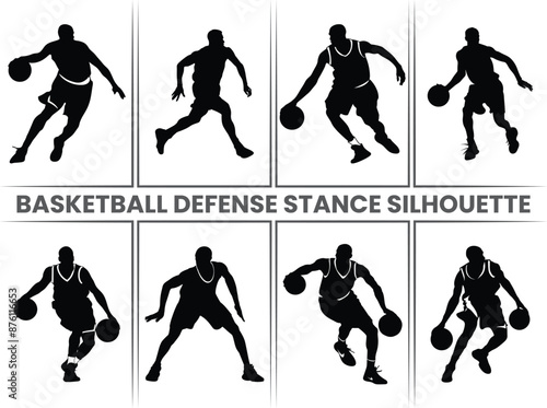 A man playing basketball defensive stance silhouettes. Basketball players are running and practicing, preparing for a soccer tournament.