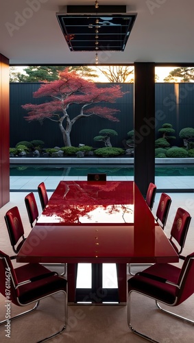 Luxurious red lacquer dining table in a modern minimalist living room photo