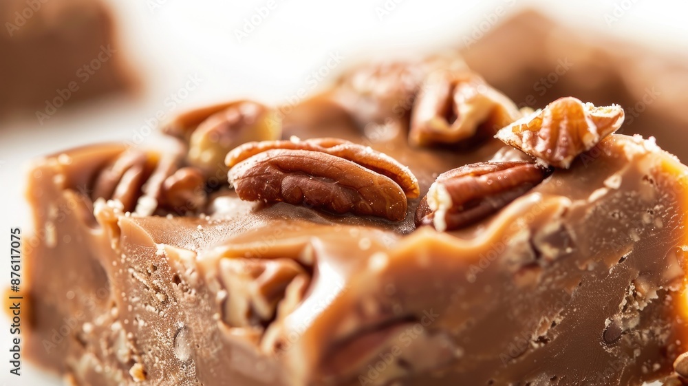 Close-up of pecan-topped fudge square with creamy texture Close-up of pecan-topped fudge square with creamy texture