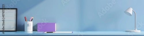 Educational messages highlighted by a stylish white and purple desk setup against a blue wall,