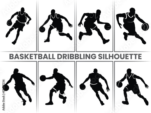 In basketball Dribbling Silhouette Bundle, the players dribble in half-turn poses, perfect for highlighting teamwork. Includes soccer silhouettes for sports.