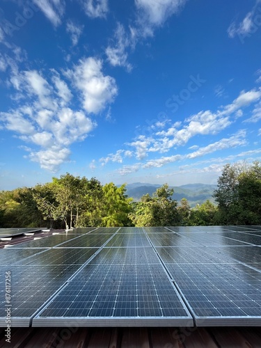 Solar rooftop on business building in suburb area. Clean power energy generated from nature resource using solar cells.