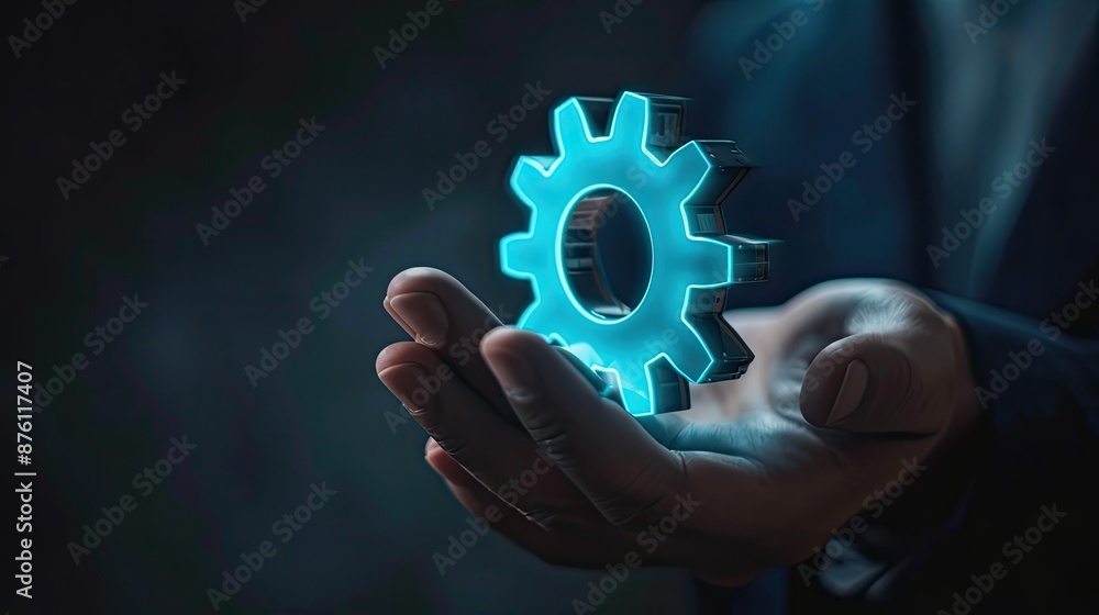 Virtual gear icon in businessman's hand, business automation and productivity Virtual gear icon in businessman's hand, business automation and productivity