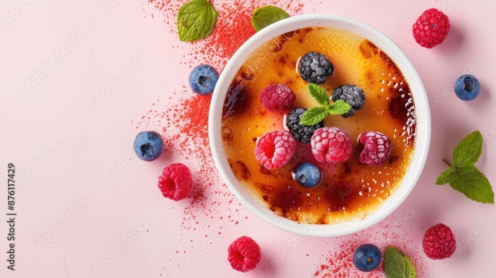 Caramelized dessert topped with fresh raspberries, blueberries, and mint leaves Caramelized dessert topped with fresh raspberries, blueberries, and mint leaves