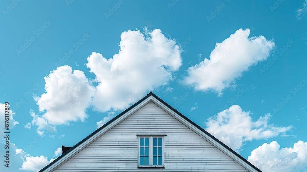 White house with black roof under a sky with fluffy white clouds White house with black roof under a sky with fluffy white clouds