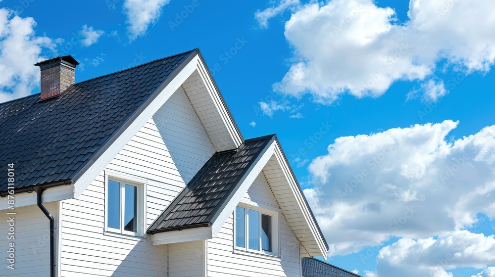 White-sided house with black roof set against a clear blue sky with clouds White-sided house with black roof set against a clear blue sky with clouds