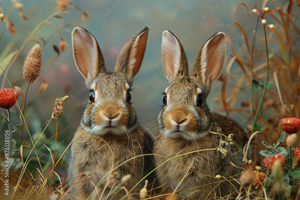 Fototapeta premium Rabbits hopping through tall grass