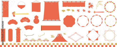 シンプルな和風フレーム、アイコンセット、背景イラスト、テキスト無し、ベクター、あしらい、装飾、飾り枠