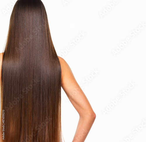 Back, hair care and woman with beauty, dermatology and cosmetics on white studio background. Glowing, person and model with shampoo, healthy scalp or texture with shine, volume and mockup space