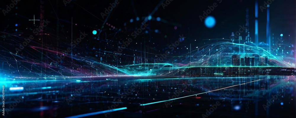Graphic design background of tech scene or neon light blue beige tone. highlighting the process of integrating technology into traditional business models, Digital transformation strategy concept Graphic design background of tech scene or neon light blue beige tone. highlighting the process of integrating technology into traditional business models, Digital transformation strategy concept