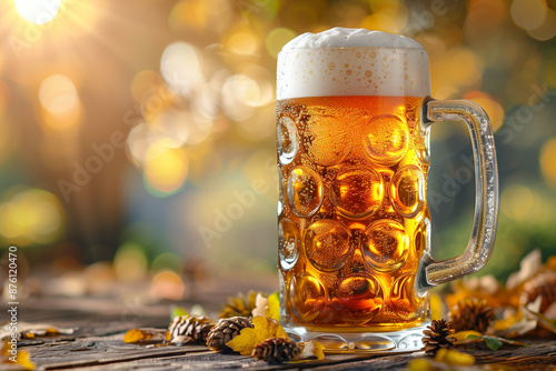 Traditional Oktoberfest beer stein brimming with frothy lager nestled against a twisted pretzel isolated on a rustic wooden background