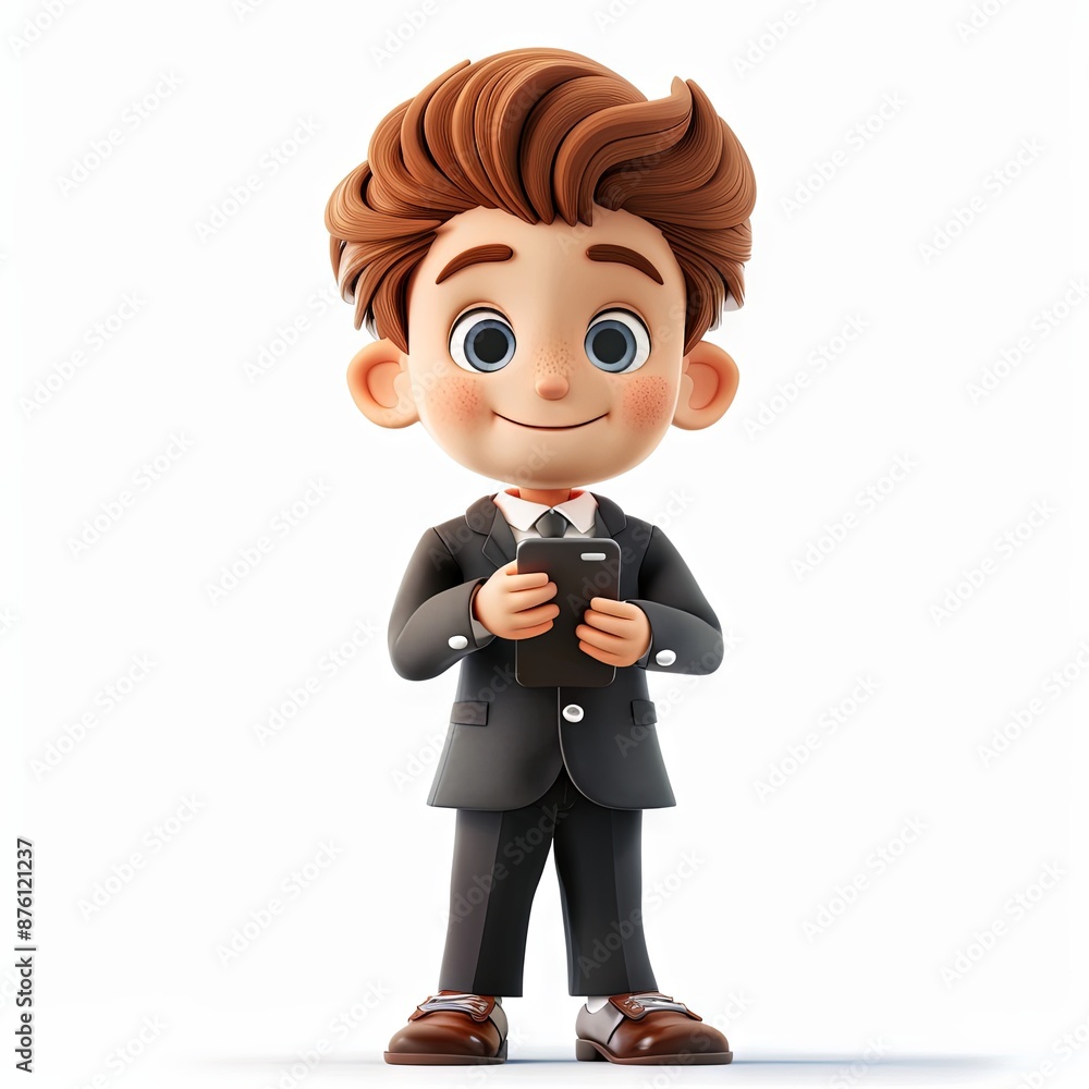 A 3D cartoon character of a young office boy with brown hair, wearing a gray suit, white shirt, and black shoes. He is standing and smiling while holding a black smartphone. A 3D cartoon character of a young office boy with brown hair, wearing a gray suit, white shirt, and black shoes. He is standing and smiling while holding a black smartphone.