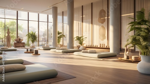Modern yoga room interior with wooden floor and large windows. Panorama © Iman