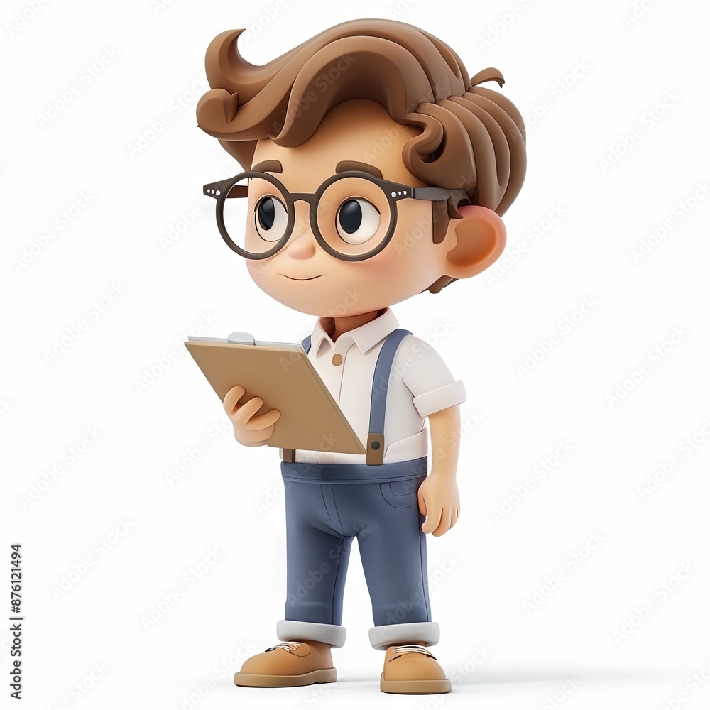 A 3D cartoon character of a young office boy with brown hair, wearing a white shirt, orange tie, beige suspenders, brown pants, and black shoes. He is standing and smiling while holding a brown briefc A 3D cartoon character of a young office boy with brown hair, wearing a white shirt, orange tie, beige suspenders, brown pants, and black shoes. He is standing and smiling while holding a brown briefc