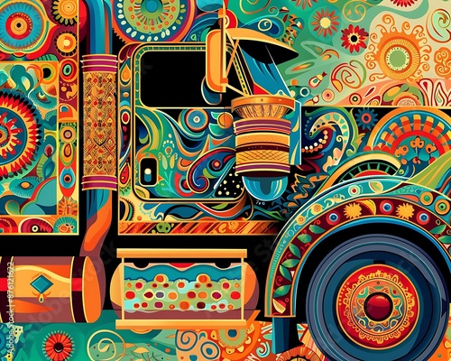 A vibrant vector of a Pakistani truck art design, featuring intricate patterns and bright colors. photo