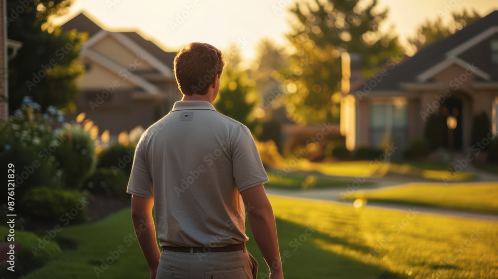 Fototapeta premium A man seen from behind, wearing a clean polo shirt and khaki pants, walking through a tidy suburban neighborhood